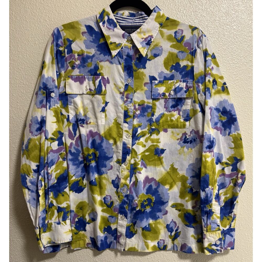 Jones New York Sz L Floral Button Down Watercolor Boho Art To Wear Artsy Cottage